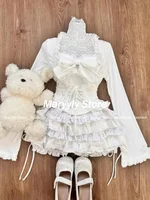 Autumn Winter New Elegant Sweet 3 Piece Sets Women Casual Y2k Cardigan Tops+ Cute Lace Bow Strap Vest+ Elastic Mini Cake Skirts 2