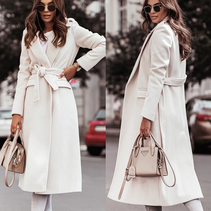 

Popular autumn winter simple long sleeve V neck lace woolen coat for women