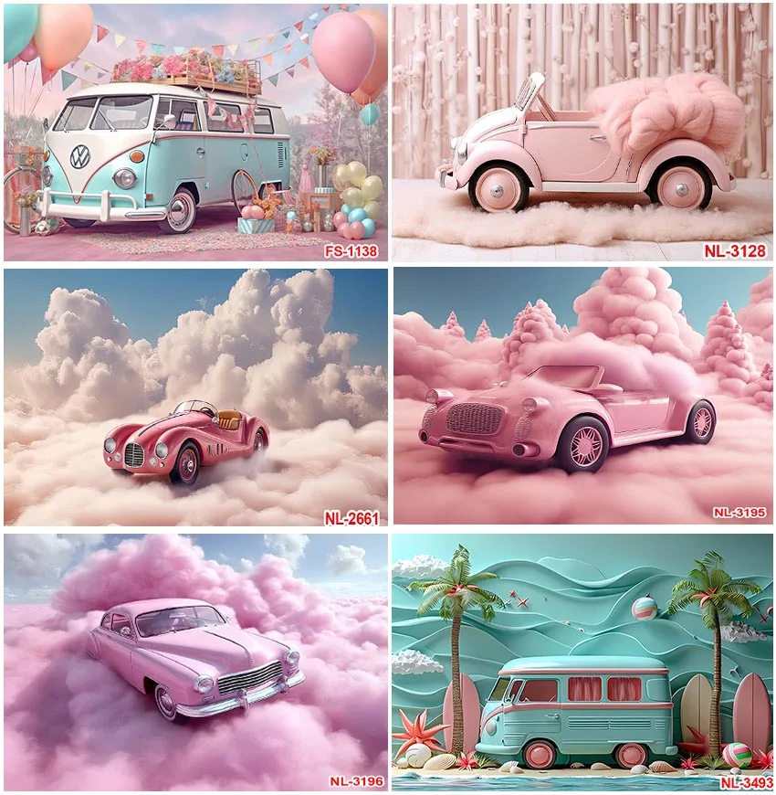 

Car Balloons Pink Cloud Flowers Travel Backdrops Photographic Studio Family Kids Portrait Backgrounds Decoration Banner Props
