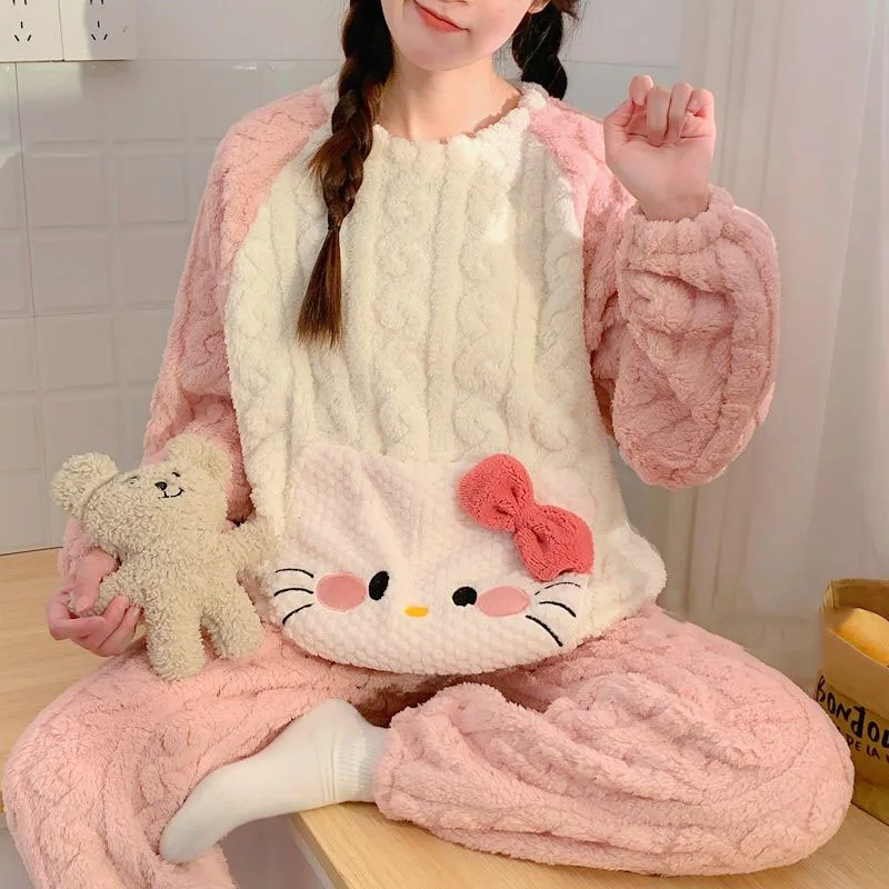 

Новинка, аниме кавайная плюшевая Пижама Hellokitty с круглым вырезом, коралловый бархат, зимний мультяшный кардиган, утепленный домашний комплект одежды, подарок для девочек