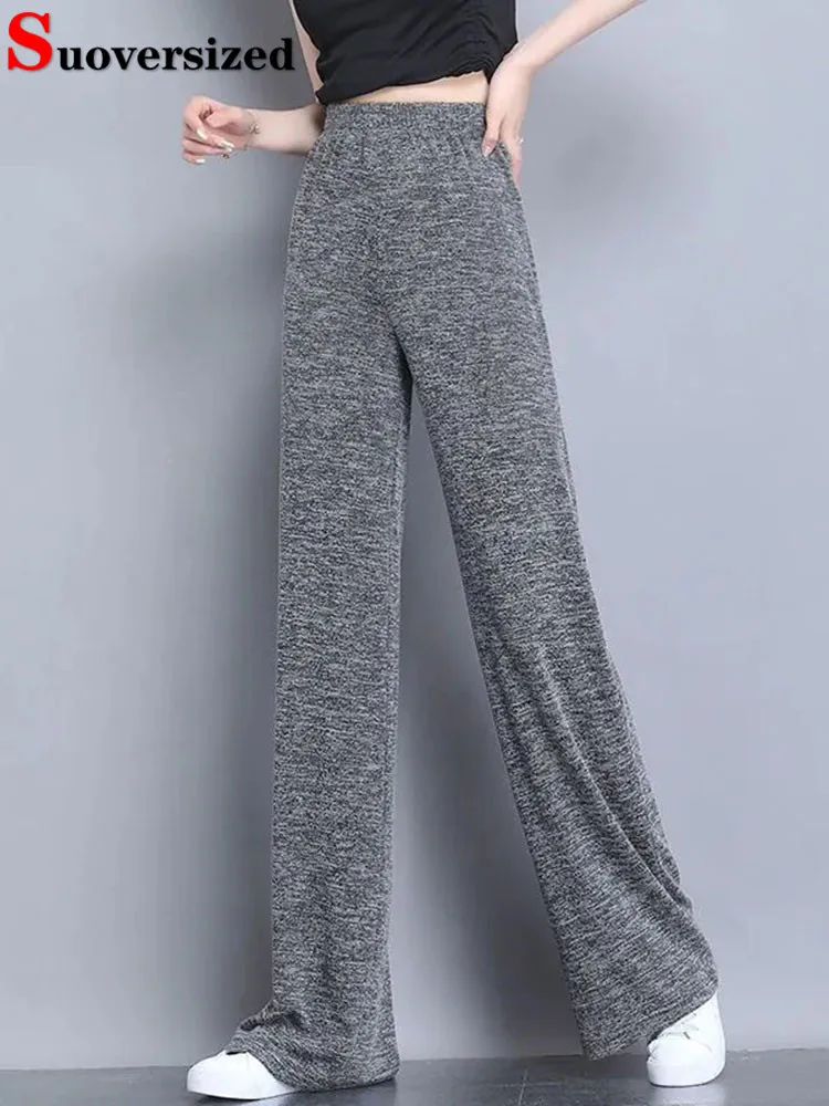 

Summer Thin Knit Baggy Straight Pants Women Oversize 4xl High Waist Pantalones Korean Casual Knitted Stretch Wide Leg Spodnie