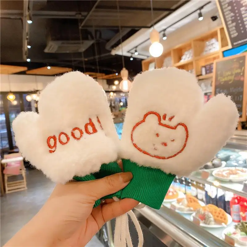

Korean children's winter warm gloves Instagram cute embroidery plus fleece warm plush halter gloves for baby boys and girls