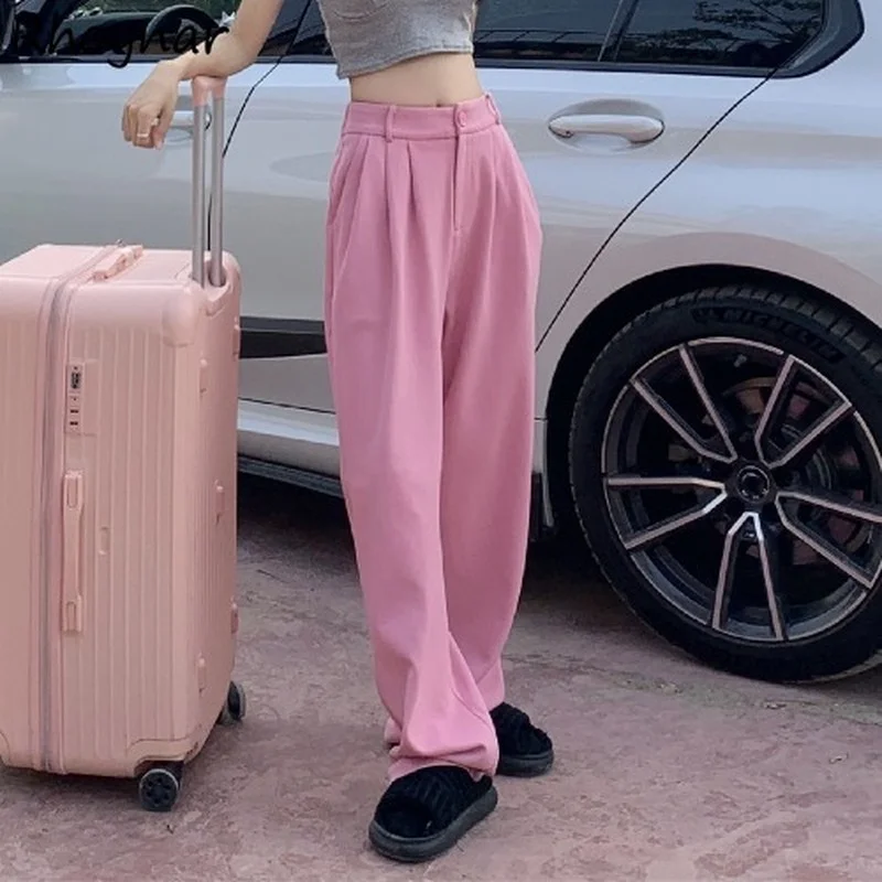 

Pants Women Elegant Sweet Lovely Solid Folds Pockets Spring Simple Basic All-match Korean Style Cozy Streetwear Office Lady Ins