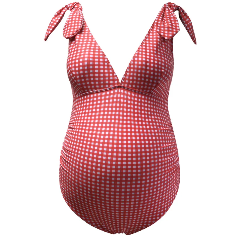 Maternity Swimsuits One Piece Pregnancy Swimwear Suit V-Neck Knotted Shoulder Straps Bathing Suit