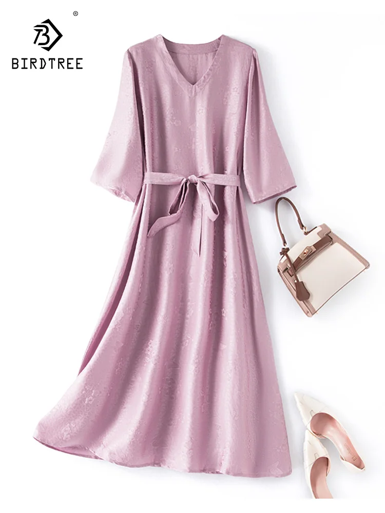 

Birdtree 100%Mulberry Silk Dress 2023 Summer New Four Warp Twisted Luo Women's Fashion V-neck A-line Mid Length Dress D37615QC