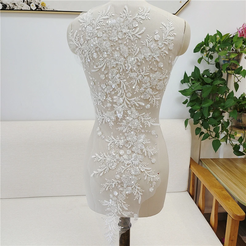 

Luxury Lace Applique Heavy Industry Beaded Floral Embroidered Lace Appliqué with Sequins For Wedding Dress Accessories