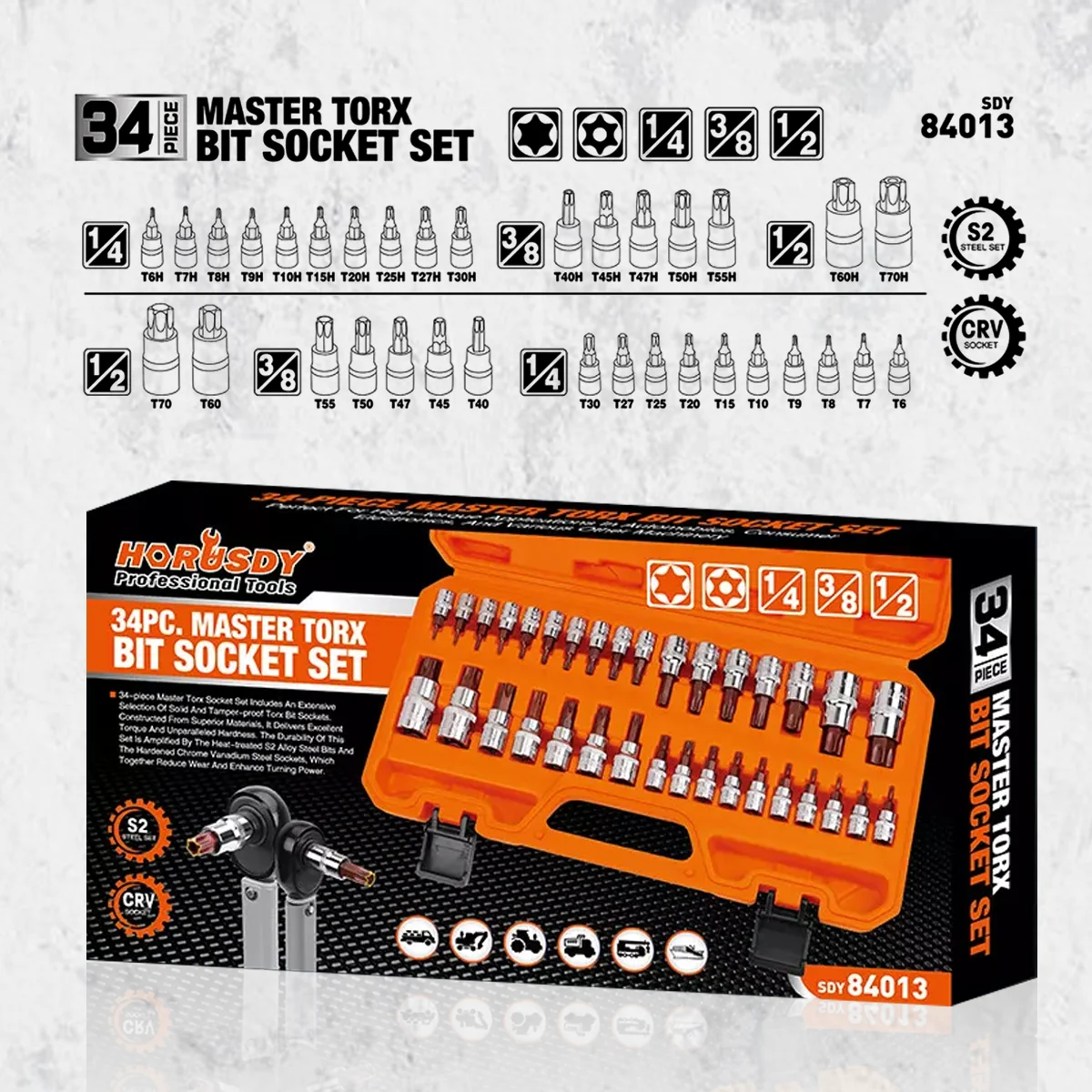 HORUSDY 34-Piece Torx Bit Socket Set – S2 Steel, Tamper Proof & Solid Star Sockets T6 To T70 With Case - View #9