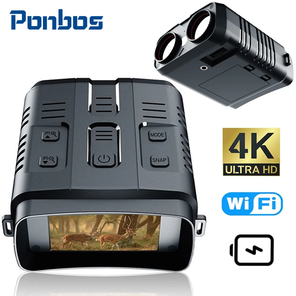 Ponbos NV009 4K UHD Rechargeable WIFI Binocular Telescope 42MP 10X Zoom Digital 800M Infrared Night Vision for Hunting Camping