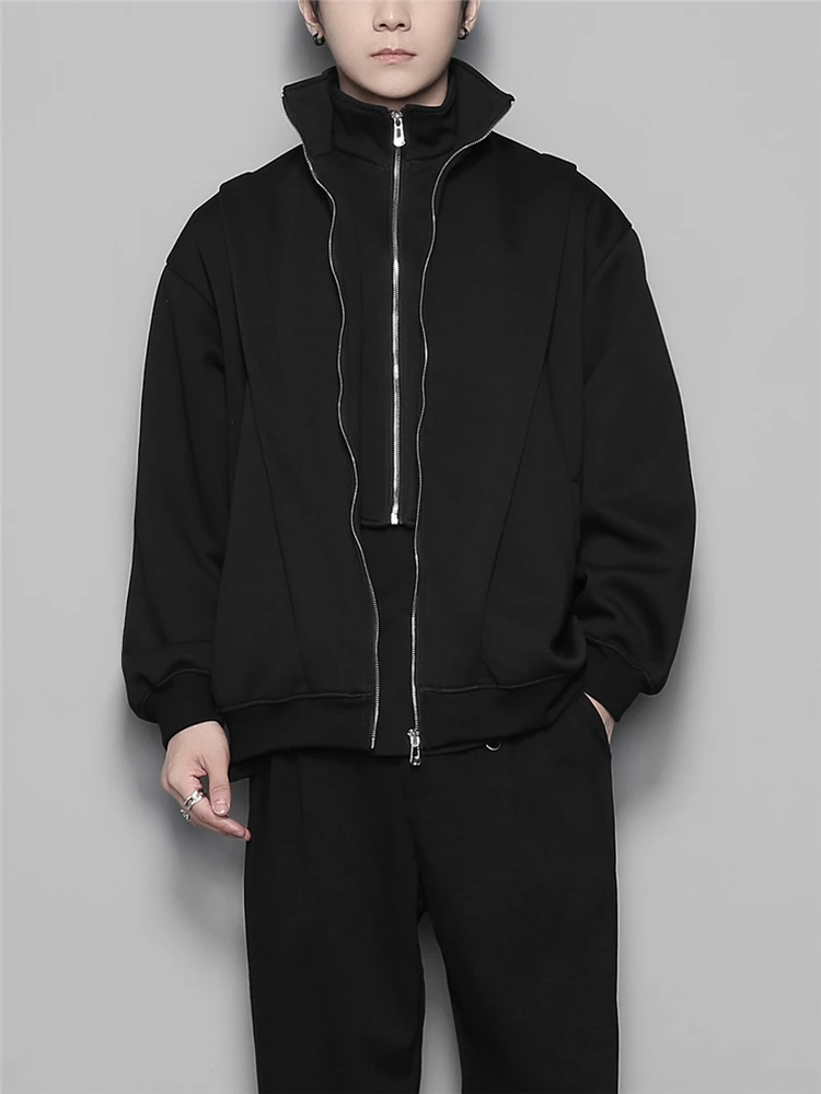 

XS-6XL Autumn Loose Sweatshirt Zipper Splice Fake Two Pieces Jacket Men's Clothing Plus Size Tops Y2K Style Black Casual Coat