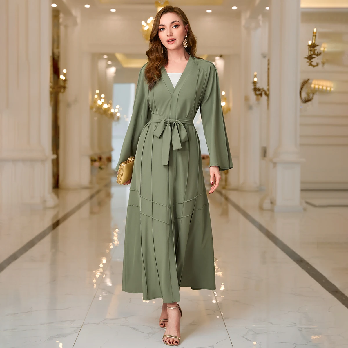 Ramadan Solid V-neck Belted Kaftan Abayas, Elegant Flare Sleeve Maxi Length Dress, Women's Clothing