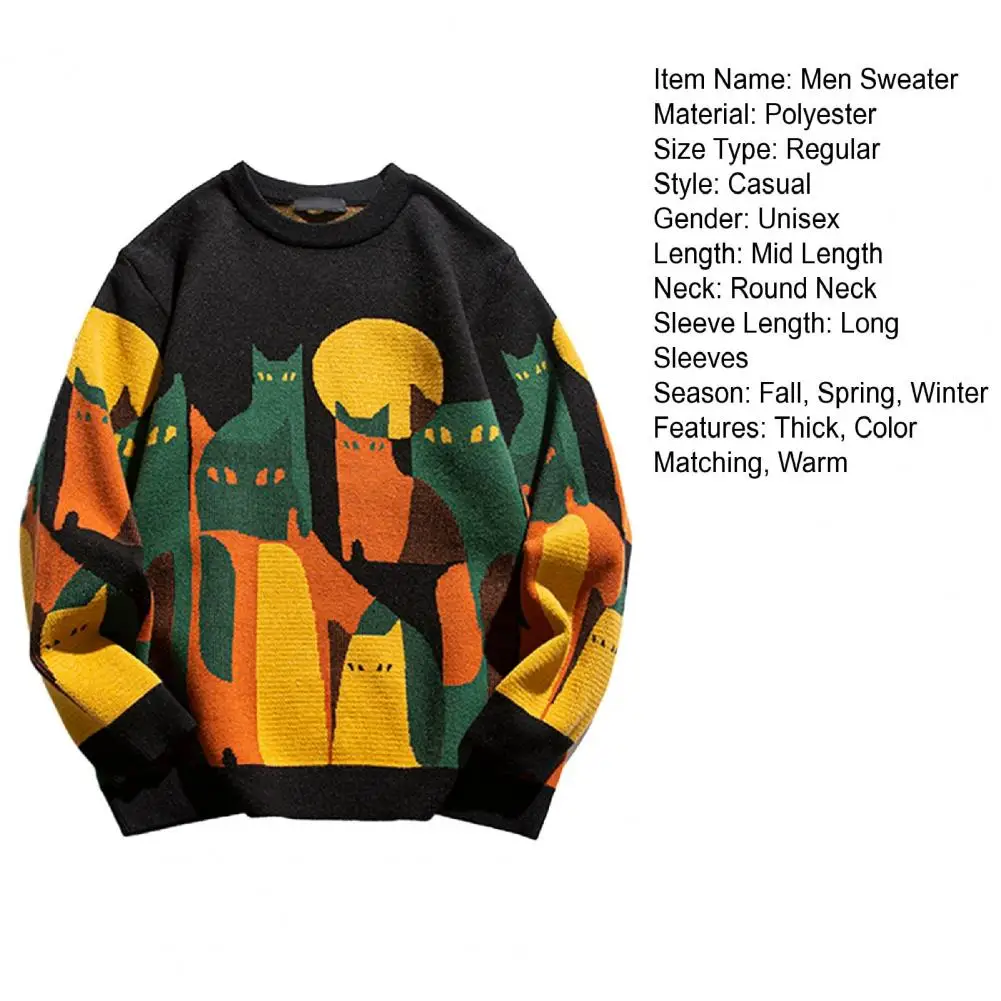 Description Picture 2 of itemMen Sweater Round Neck Men Sweater Cozy Cat Print Sweater for Men Thick Knitted Warm Pullover with Round Neck Unisex for Winter