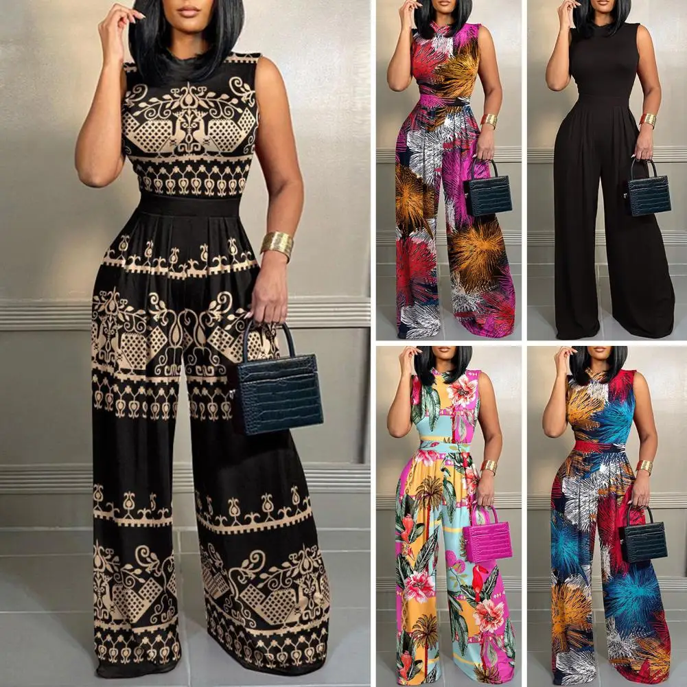 Women Office Lady Wide Leg Pants Summer Printing Jumpsuits Elegant Sleeveless Holiday Ladies Bodysuits Streetwear Overalls