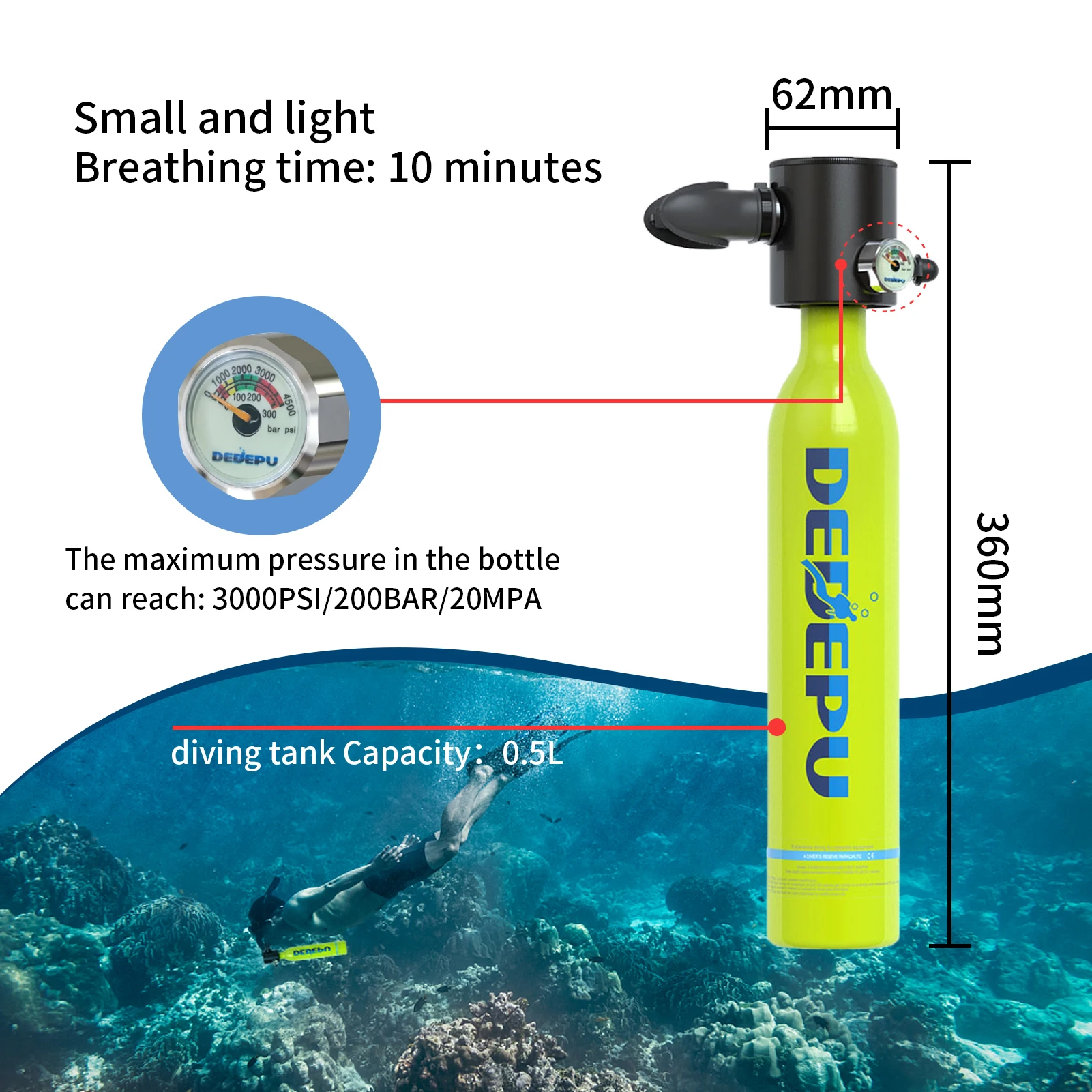 Dive Portable Lungs with Dot Certified Reusable Diving Tank Kit 0.5L  Capacity Mini Scuba Diving Tanks That Support 5-10 Minutes of Underwater