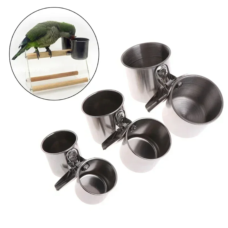 Bird Feeder Cup with Clamp Stainless Steel Feeding Dish Food & Water Bowl for Parrots African Greys Budgies Window