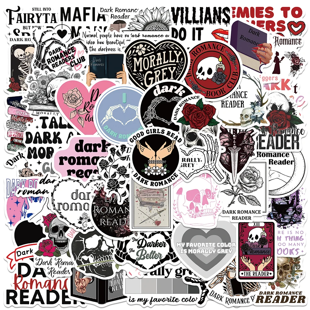 50pcs Cool Cartoon Skull Dark Romance Reader Stickers For Laptop Water Bottle Luggage Notebook Waterproof Graffiti Vinyl Decals