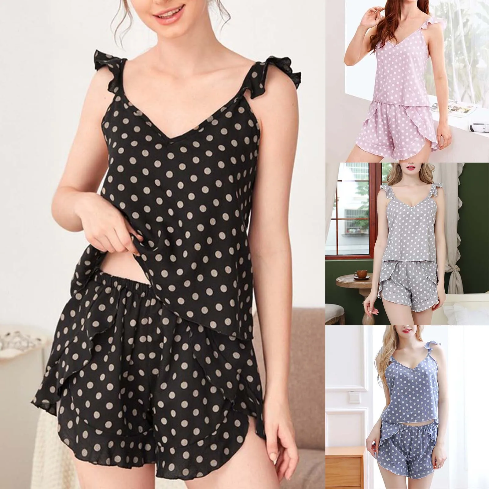 

Women Dot Print Pajamas Set Letter Print Sleeveless Sleepwear Lady Sexy V-Neck Pyjama Short Homewear Pijama Nightgown Loungewear