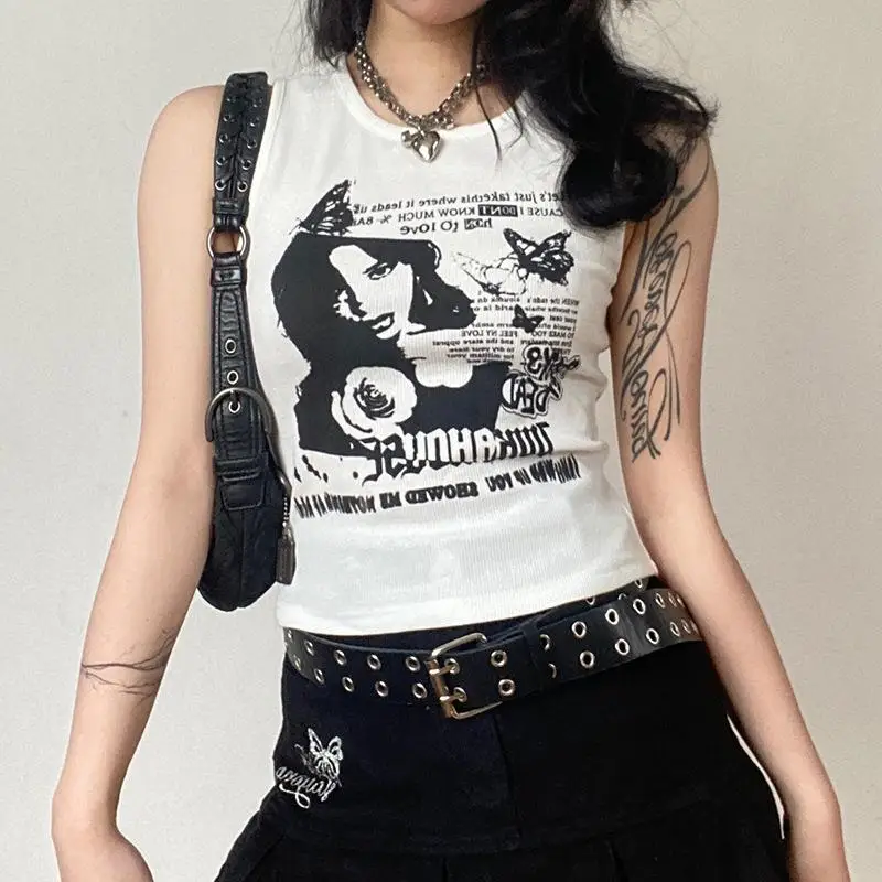 2024 Vintage Clothes Y2k Crop Top Slim Print Women Cyber Gothic