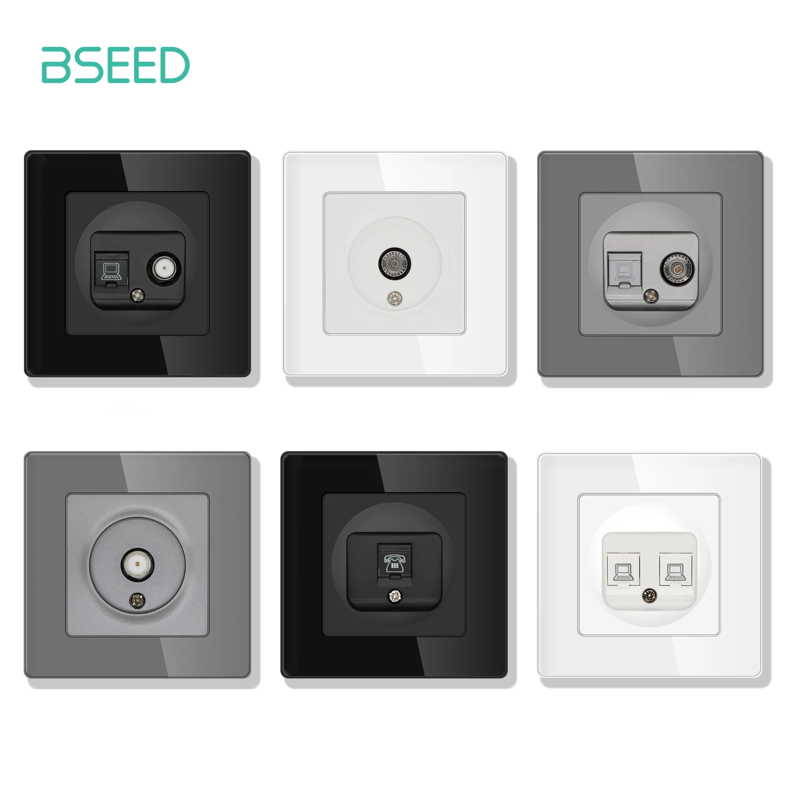 Bseed-eu Tomada de Parede Padrão Tomada de tv Rj45 Internet Tomada de Satélite Painel de Vidro tv Telefone Computador