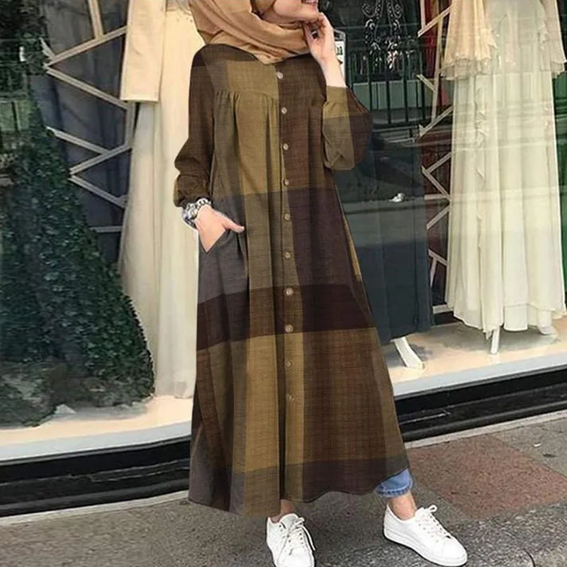 New Summer Muslim Vintage plaid Blouse for Women Simple Cotton Linen Long Shirt Saudi Arabia Islam Femme Tops Lady Shirt Dresses