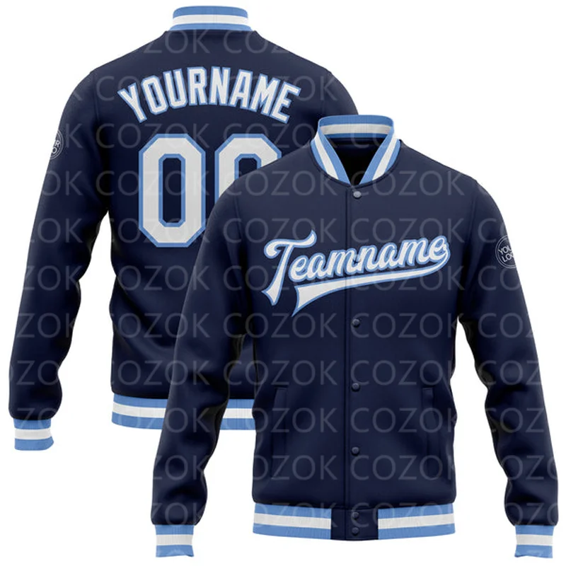 Custom Blue Dark 3D Printed Baseball Button Jacket Bomber Full-Snap Varsity Letterman Jacket