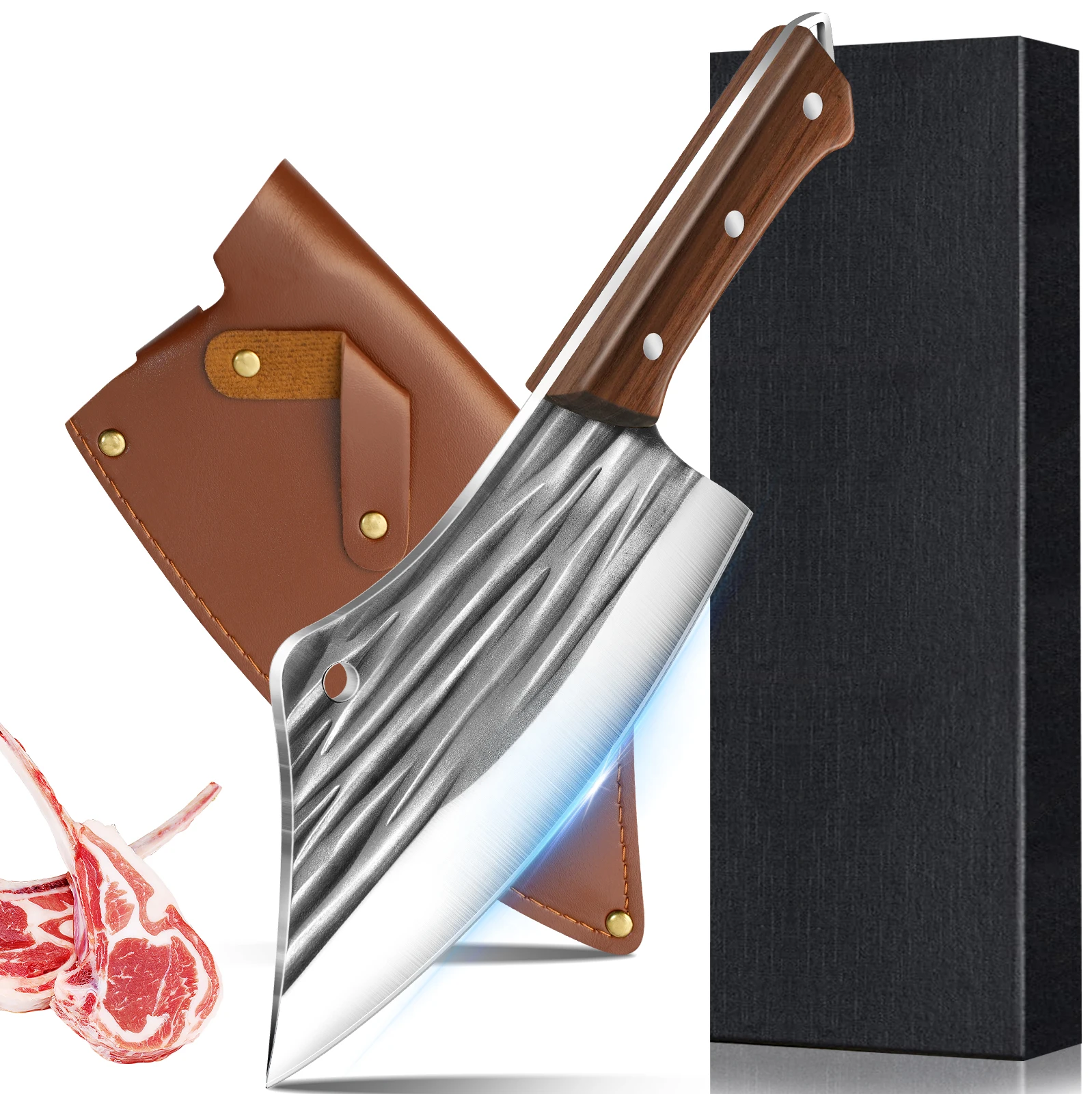 DFITO Geschmiedetes Hammermuster-Fleischbeil aus Hochkarbon-Stahl mit Lederscheide und Geschenkbox, Professionelles Küchenmesser – Detail 6