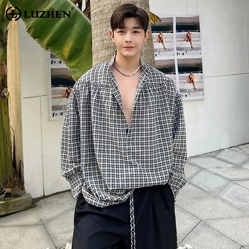 

LUZHEN 2024 Spring Loose Elegant Shirt Long Sleeve Men's Fashion Checked Original Tops Korean Reviews Many Clothes Trendy 2b5421