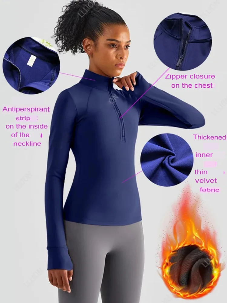 MXLLINA Plush Thickened Equestrian Tops Sports Long Sleeve T-Shirts Women Winter Riding Horse Blouse Zipper Competition Layer 4