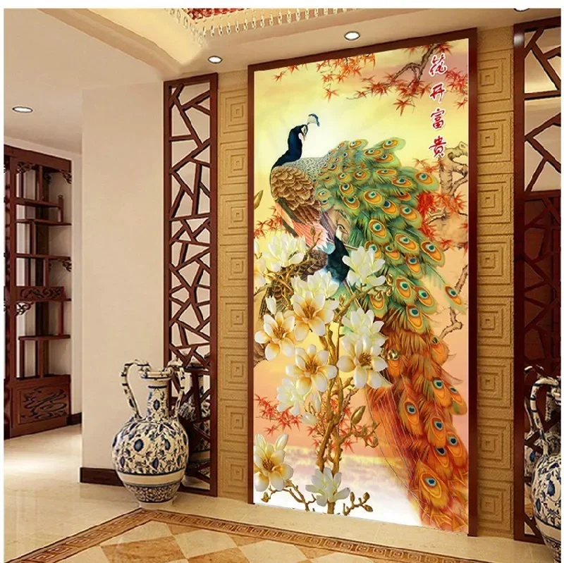 QIANZEHUI Needlework DIY blooming flower peacock Cross stitch The vertical version of magnolia silk series Wall Home Decro cross stitch kit