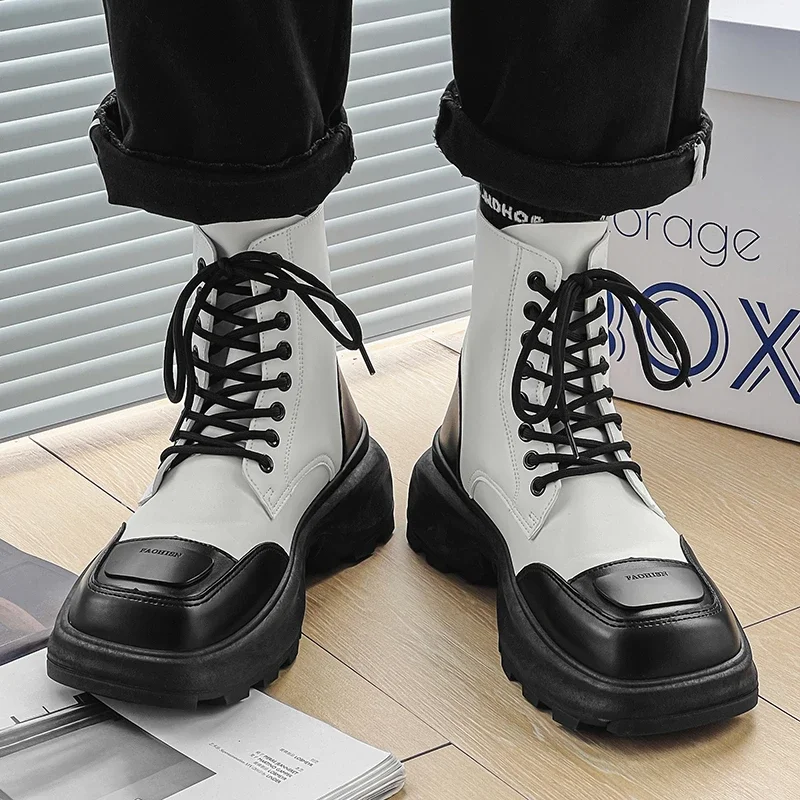 

Мужские брендовые ботинки на шнуровке, черные универсальные ботильоны с квадратным носком, однотонная модная мужская обувь на платформе, 2023