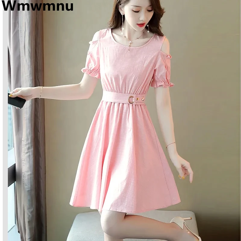 

Cotton With Elegant Dress Strapless Summer A-line Korean O-neck Short Sleeve Midi Vestidos Mujer Para Fashion Casual New Dresses