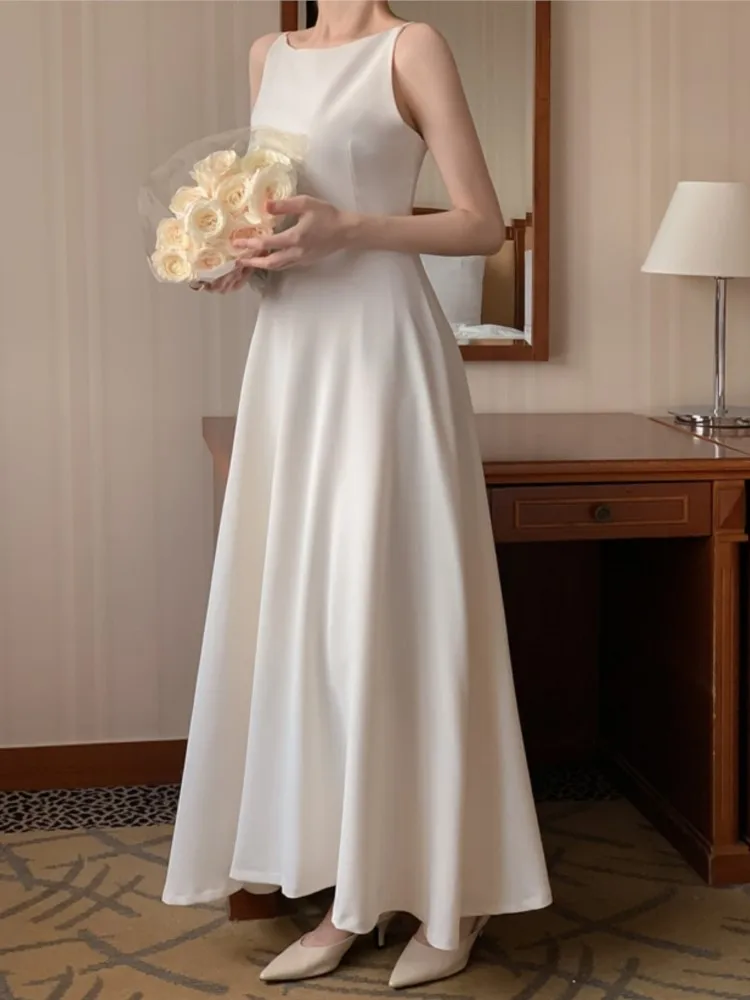 Elegant Solid Long Dresses for Women Wedding Evening Party Dress Sleeveless Casual A-line Summer Korean One Piece Vestido Mujer