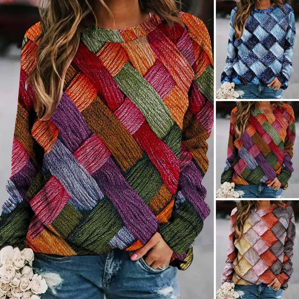 

Long Sleeve Top Soft Stretchy T-shirt Colorful Print Round Neck Long Sleeve Loose Pullover T-shirt for Women Retro Spring Top