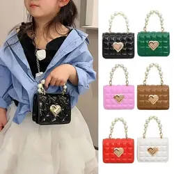 Golden Love Heart Women Handbag Solid Color Faux Pearl Handle Mini Shoulder Bag PU Leather Detachable Metal Chain Girl Purse