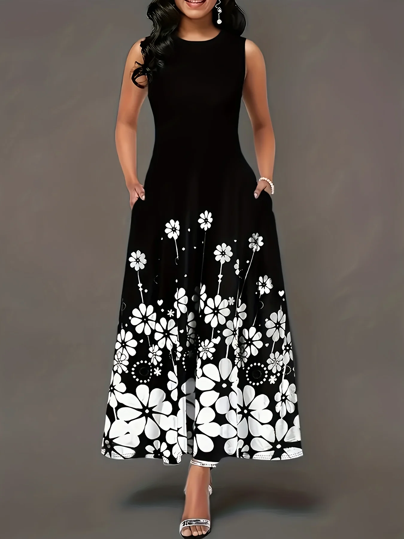 فستان نسائي مطبوع بلا أكمام ، مقاس كبير ، رقبة مست...