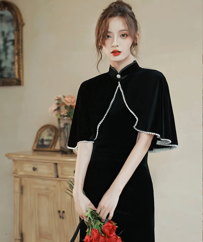 

Sexy Sleeveless Black Velour Qipao With Shawl Mandarin Collar Gold Velvet Cheongsam Chinese Women Dress