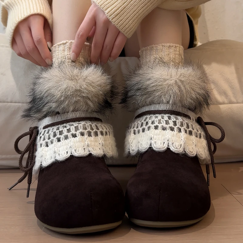 Luxury Bowknot Fluffy Fur Kawaii Snow Boots 2025 Winter Sweet Lace Suede Designer Ankle Boots Warm Plush Woman's Short Booties