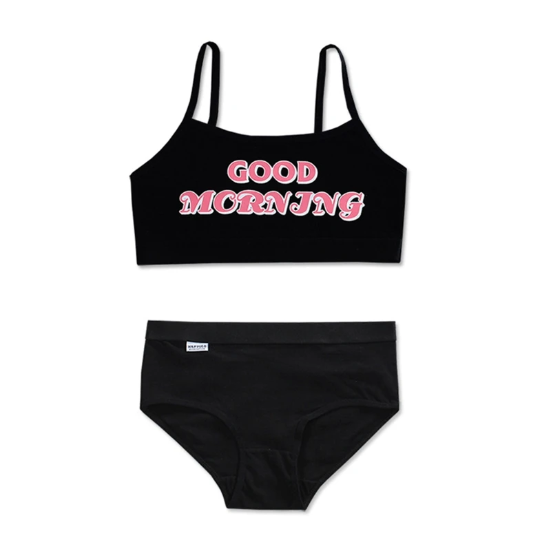 Teenage Young Girls Matching Underwear Set Cute Good Morning Letters