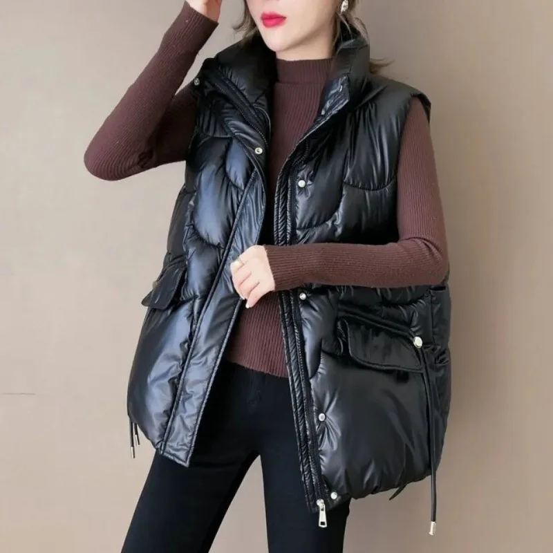 

Winter Waistcoat Coat Vest Women Stand Collar 2022 New Short Bright Color Cotton Padded Jacket Sleeveless Female
