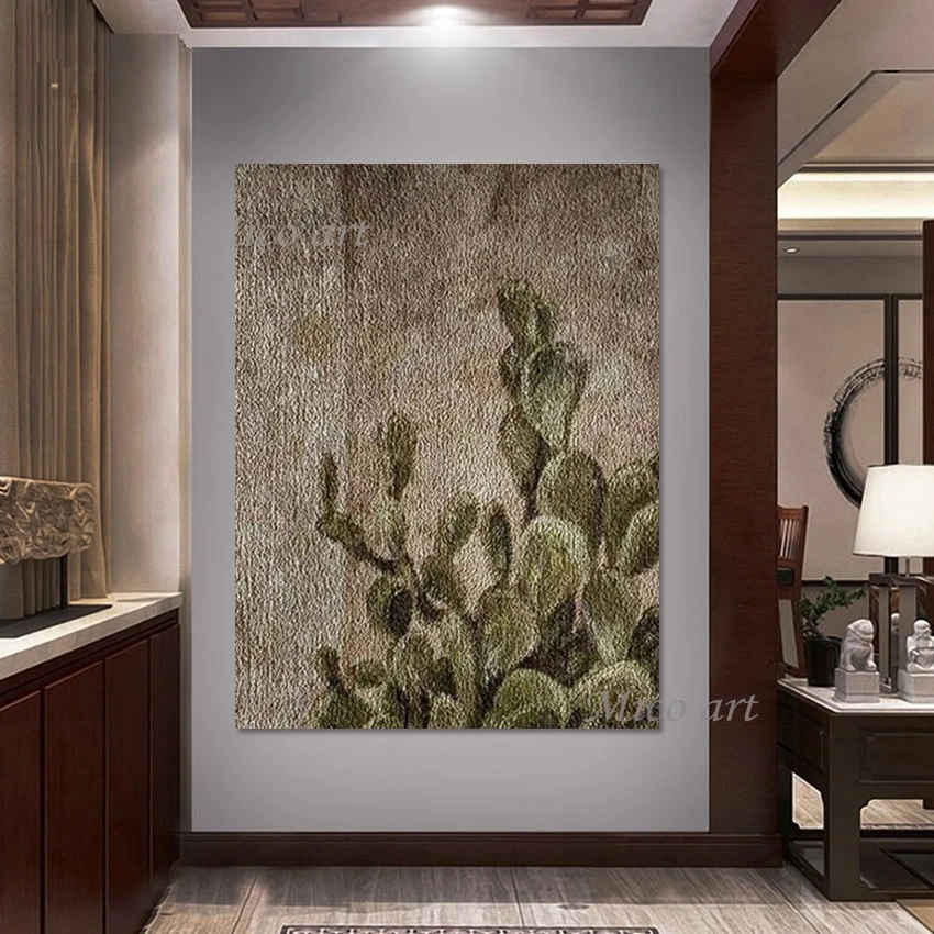 

Green Plant Hand Painted Unframed Cactus Natural Pictures Modern Abstract Textured Canvas Art Beautiful Scenery Wall Painting