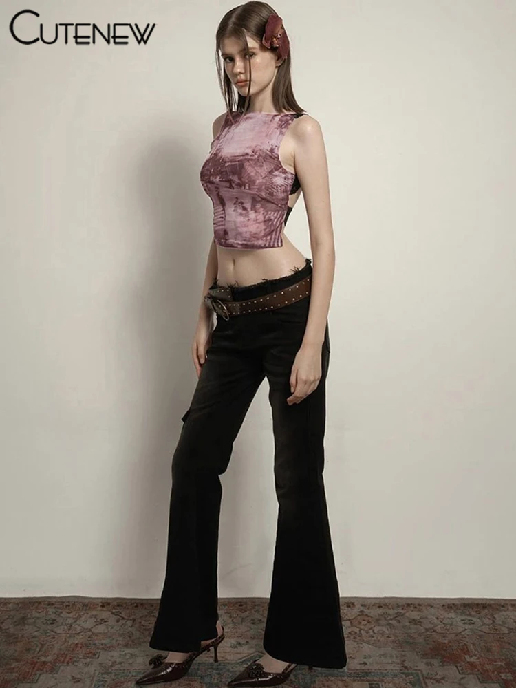 Lace Patchwork Women Vests Summer Sexy Tie Dye Print Backless O-neck Crop Skinny Tops Female Fashion Street Party Tanks