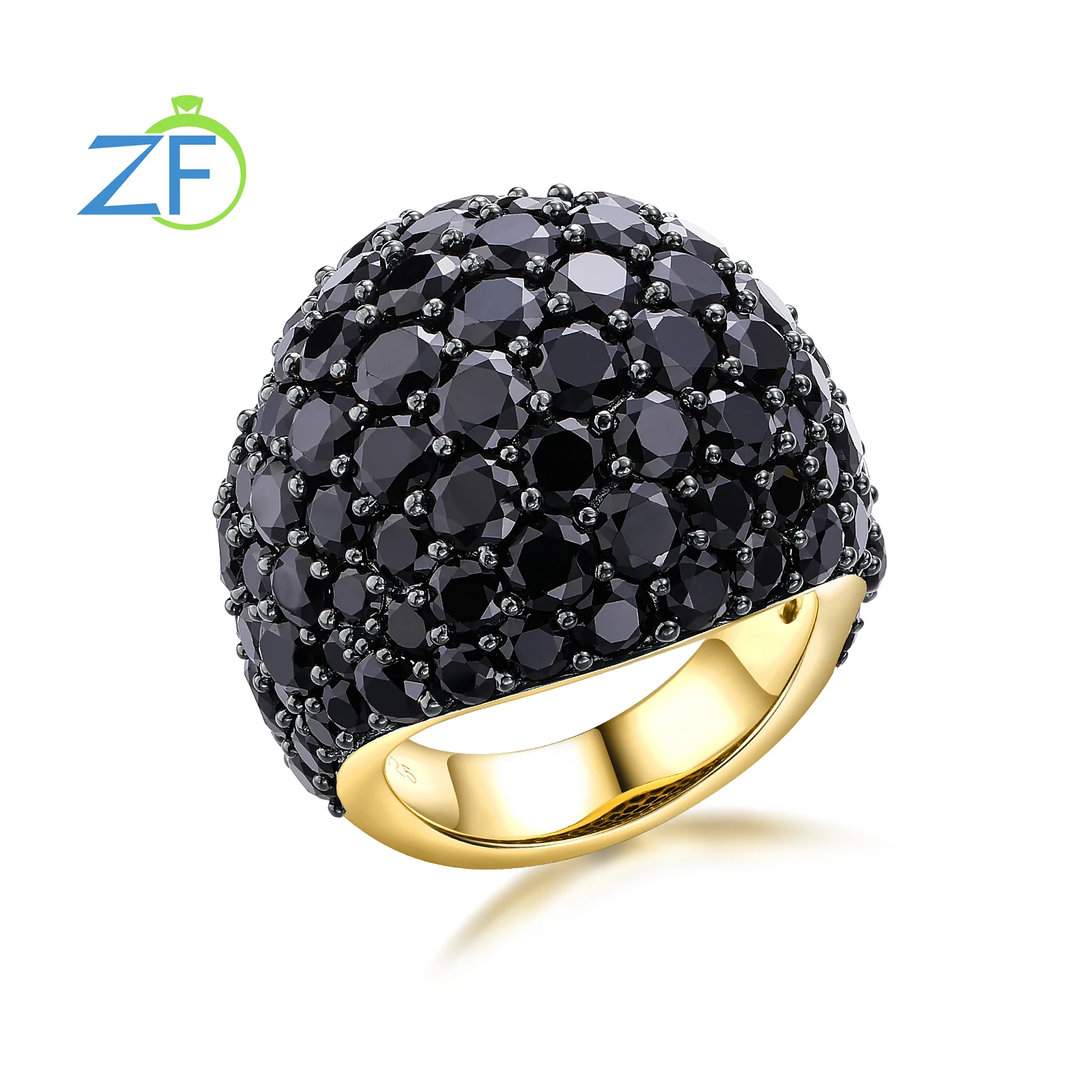 GZ ZONGFA  925 Sterling Silve Rings for Women 5.2ct Natural Black Spinel Gold Plated Half Eternity Wedding Rings Fine Jewelry