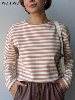 WOTWOY الخريف طويلة الأكمام فضفاضة مخطط تي شيرت المرأة عادية القطن الأساسية المحملة قميص الإناث محبوك القمم Harajuku 2023 القوطية جديد