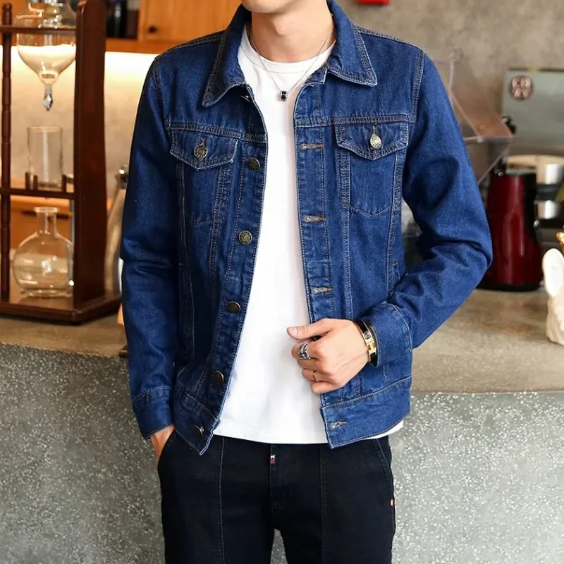 Spring Autumn Men Denim Jackets Casual Solid Color Lapel Single Breasted Jeans Jacket Man Slim Fit Cotton Outwear Coats
