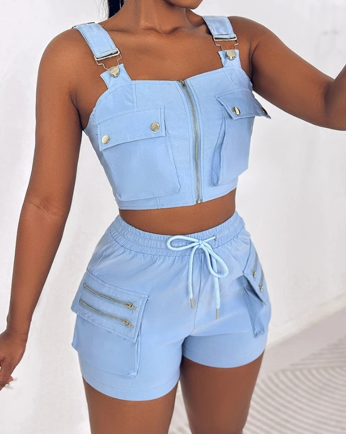 New Fashion 2Psc for Women 2024 Summer Square Neck Sleeveless Snap Button Pocket Design Cami Top & Zipper Design Shorts Set