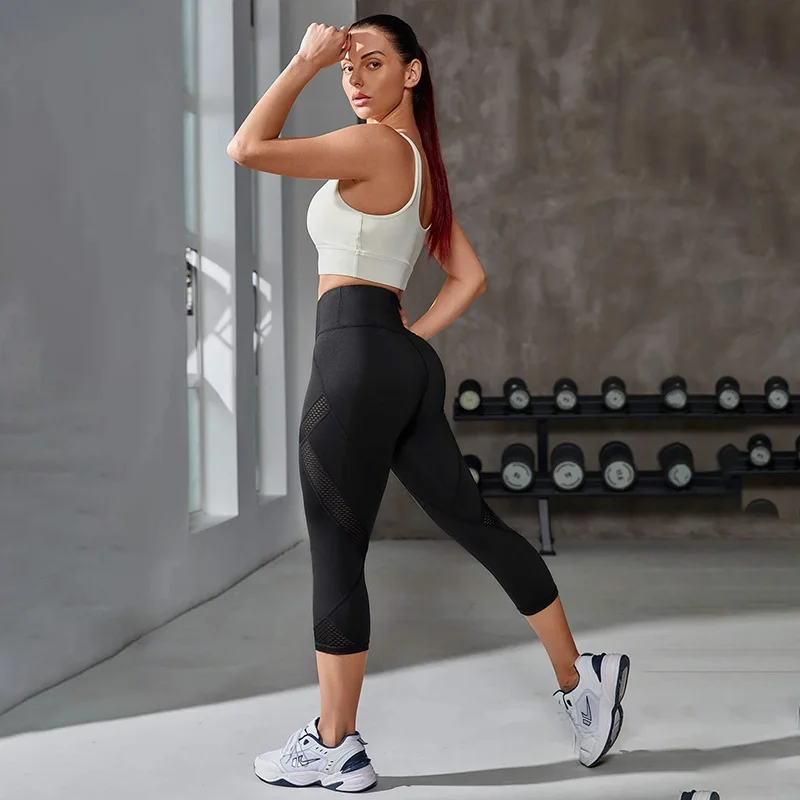 Mesh High Waist Yoga Pants Capri Leggings Women Tummy Control Workout Capri Leggings Women