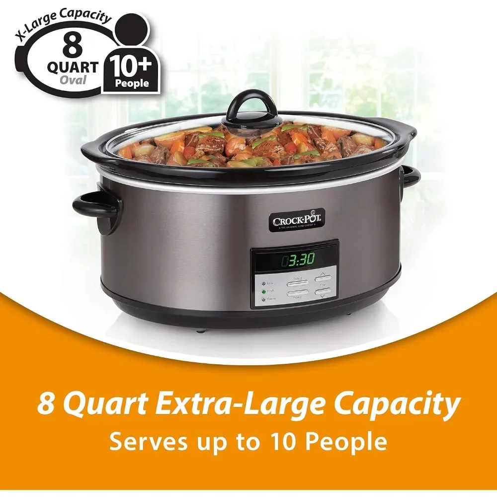 Large 8-Quart Programmable Slow Cooker with Auto Warm Setting, Black Stainless Steel, Includes Cookbook (Pack of 1)