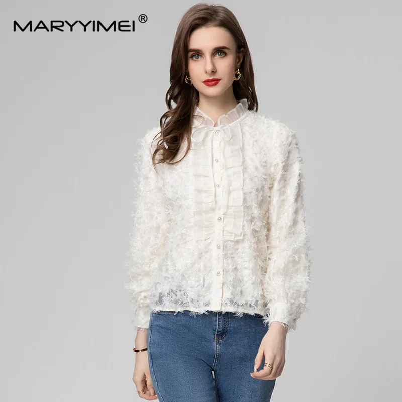 

MARYYIMEI модная женская Лоскутная сетчатая однобортная офисная приталенная рубашка с оборками и рукавами-фонариками