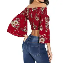 

Fashion Women Flared Sleeve Corp Top Slash Neck Long Sleeve Female Tops Floral Print Pullover Ladies Summer Slim Fit Streetwear