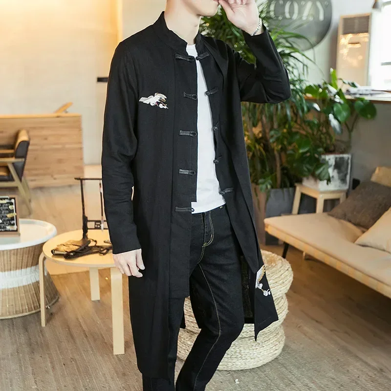 New Men's Linen Embroidery Crane Coat Kimono Vintage Long Gown Jacket Chinese Style Loose Male National Streetwear