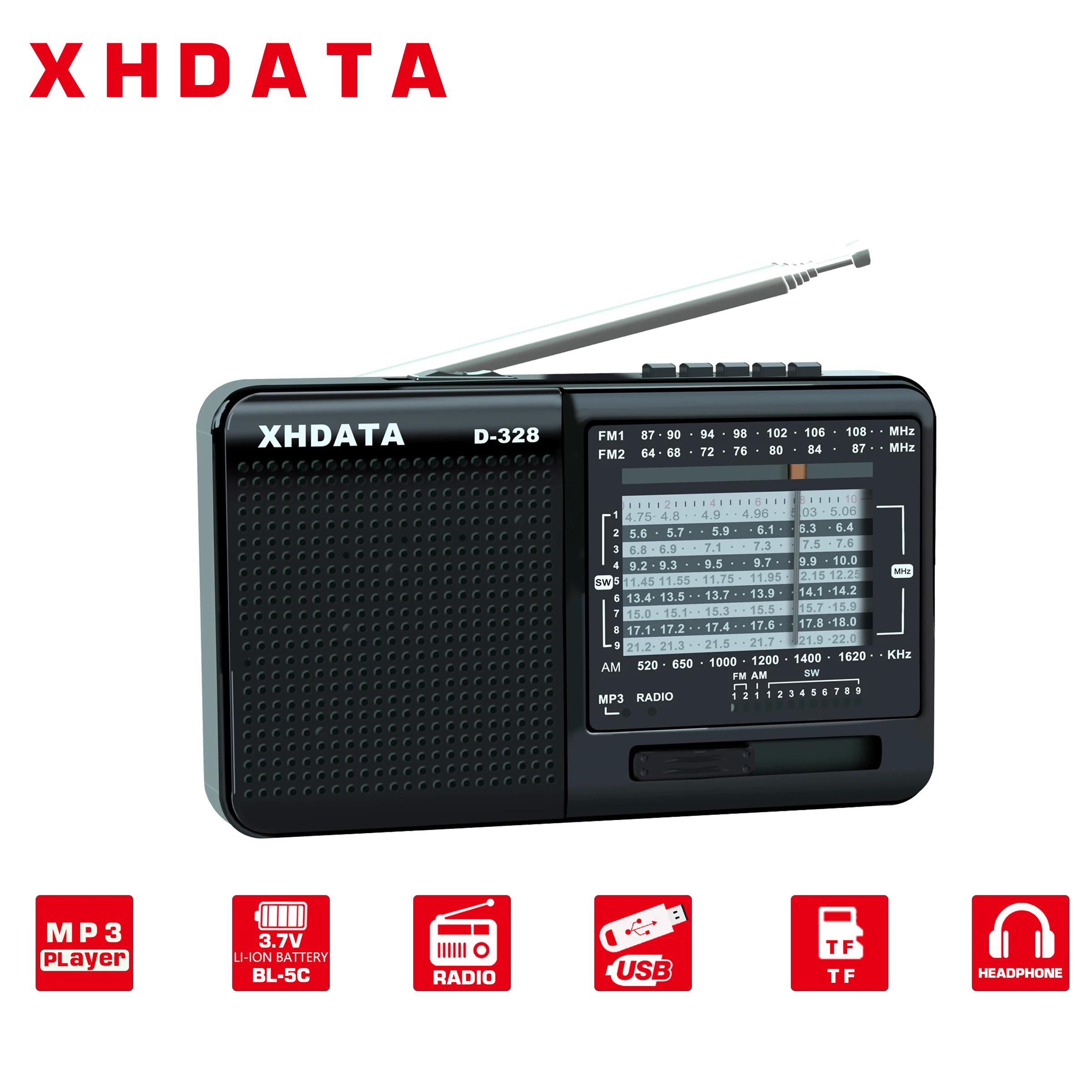 Xhdata D 328 preto rádio portátil am fm sw 12 bandas com dsp/mp3 leitor